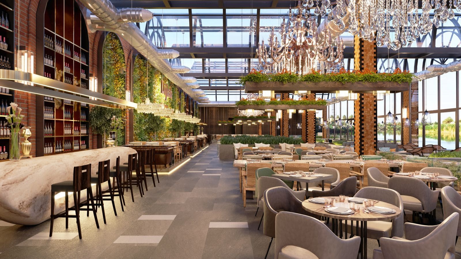 Elegant hotel restaurant with chandeliers and set tables