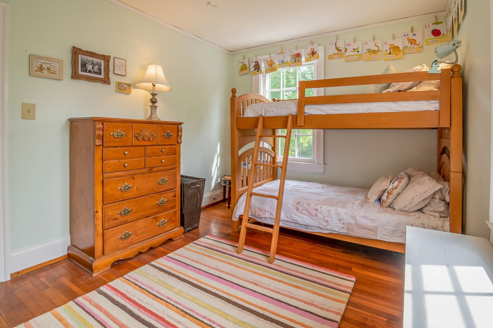 Wooden bunk beds in a hostel dorm room