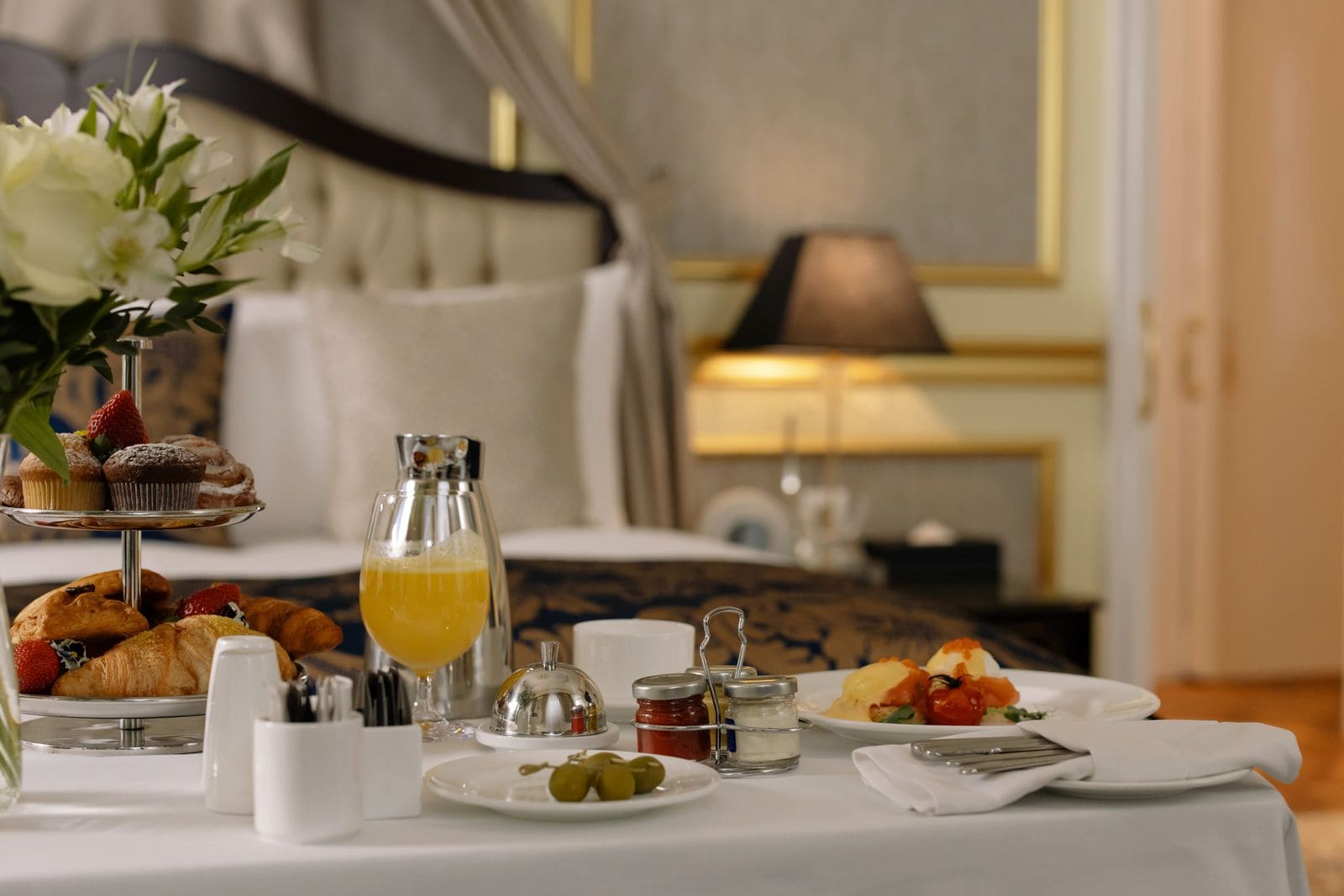 Breakfast tray set out in a hotel room