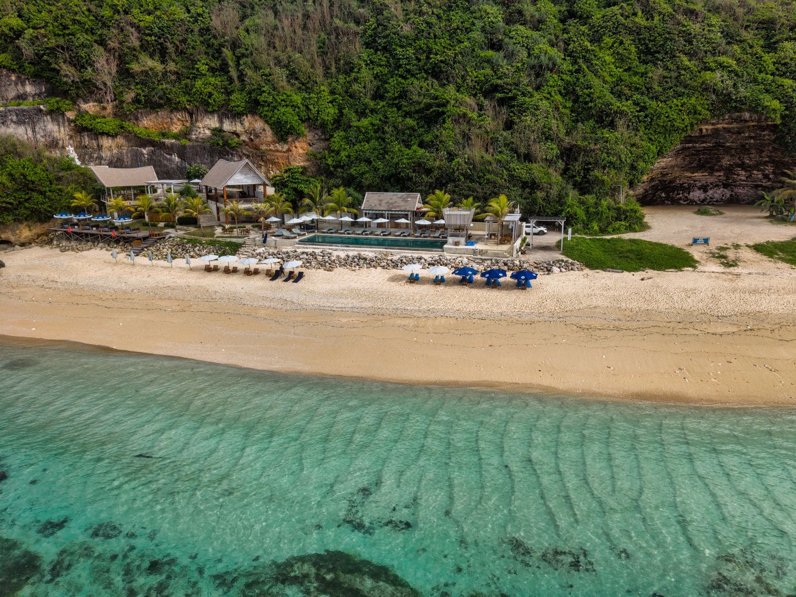 Aerial view of a beachfront resort in Bali