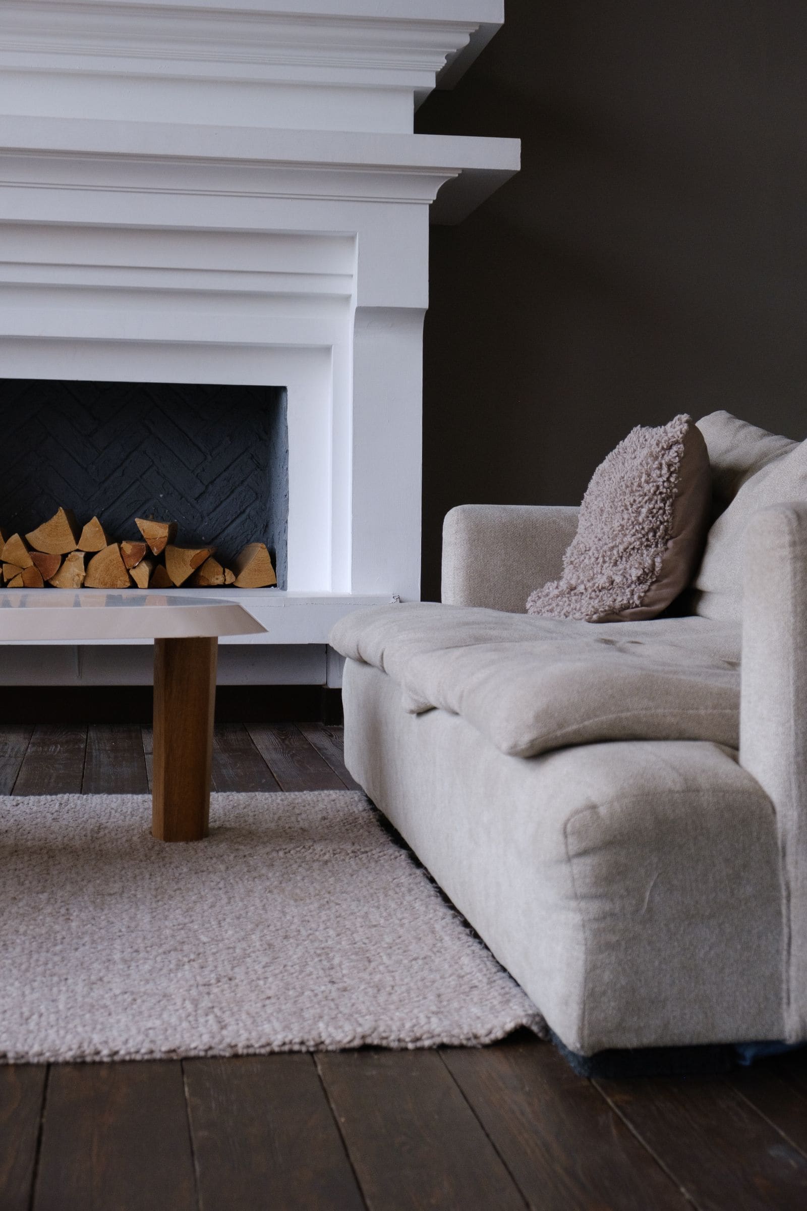 Living room of an apartment with a modern fireplace, sofa and soft rug
