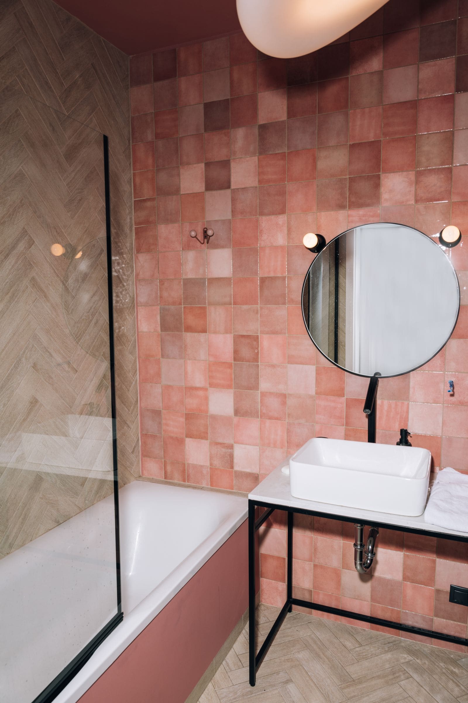 Interior design of a bright bathroom
