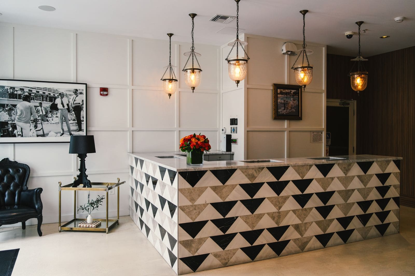 Chic boutique hotel reception with coastal design