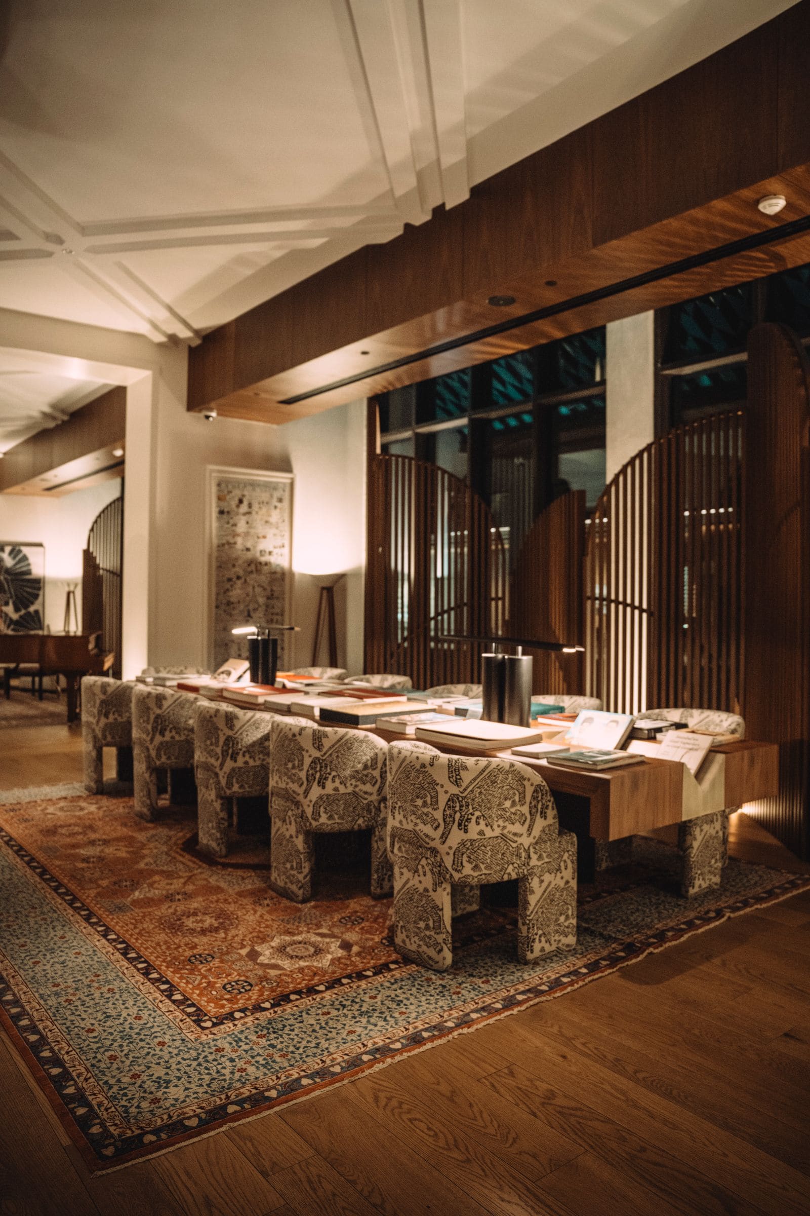 Luxury hotel lobby with warm evening lighting
