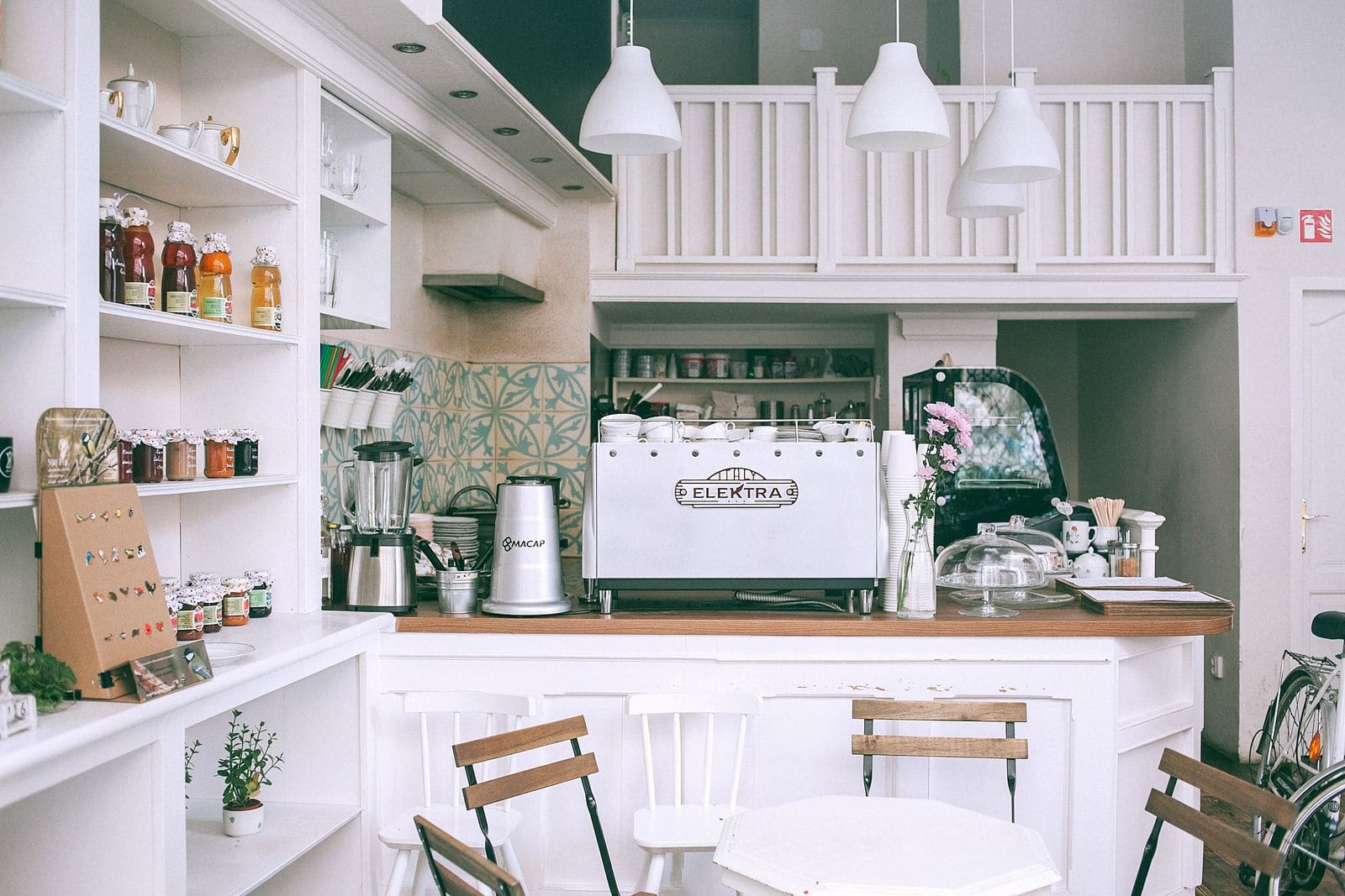 Interior of a cozy light-filled cafe counter