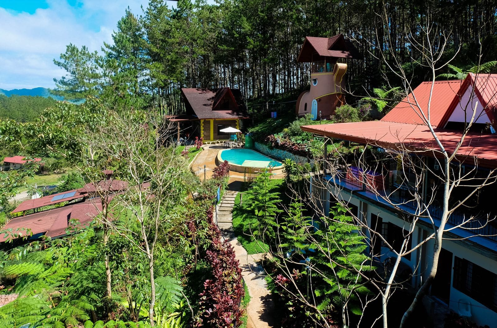 Swimming pool and cottages at a garden resort