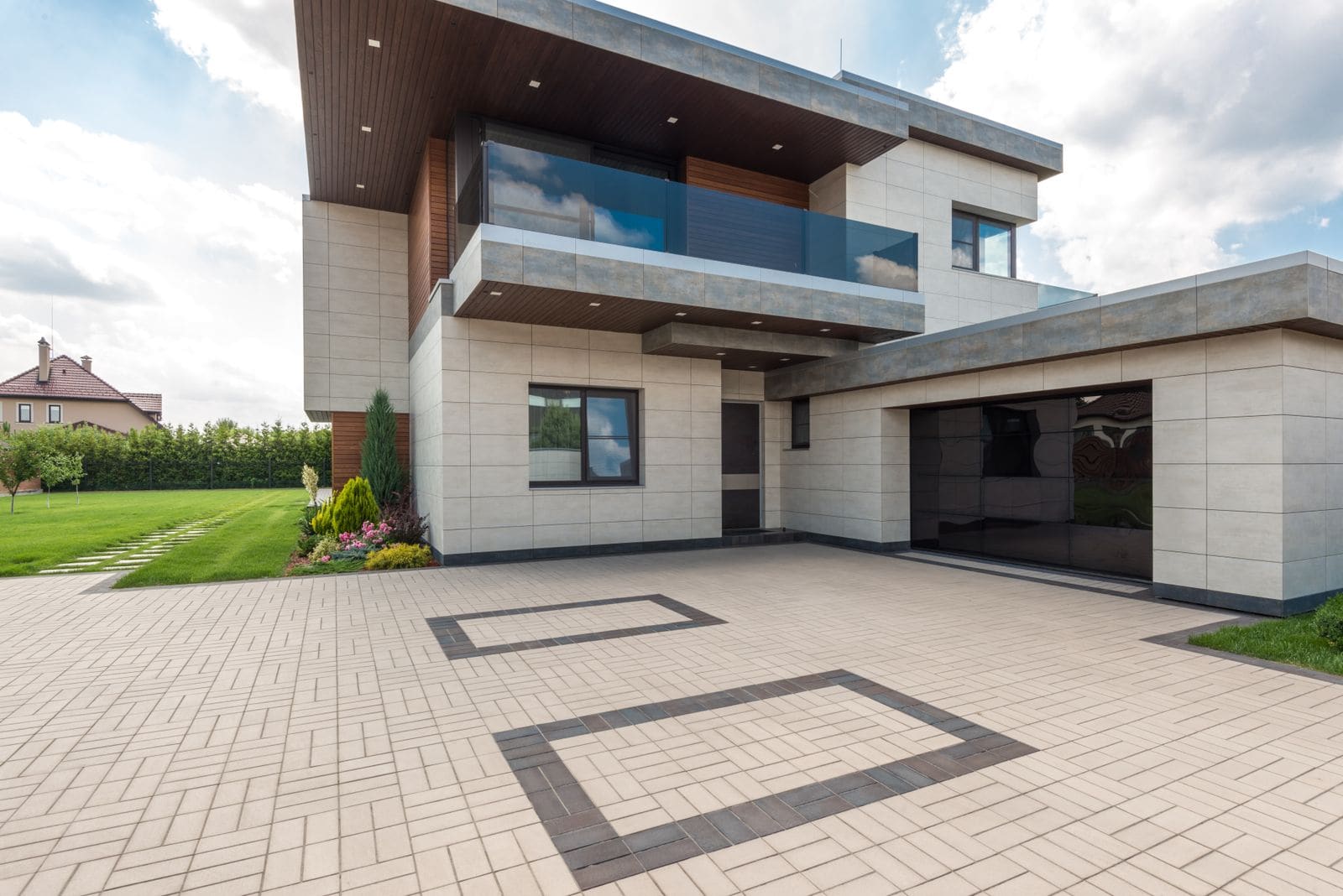 Modern minimalist building exterior with geometric shapes and clean lines