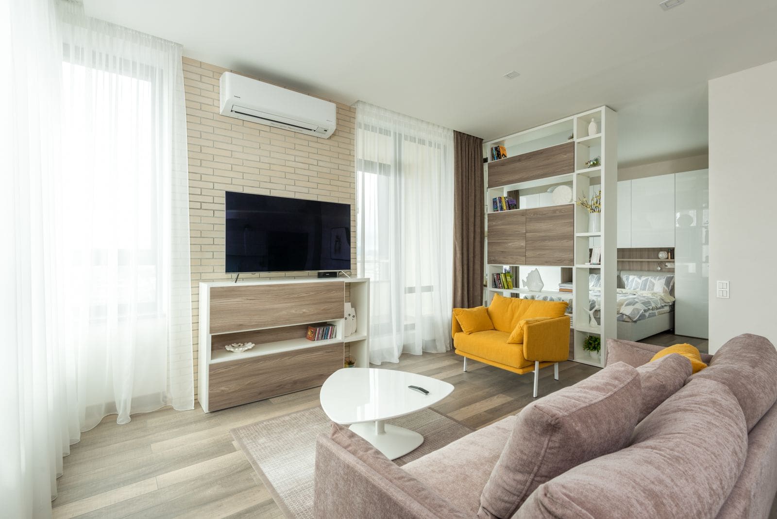 Minimalist studio apartment with living and sleeping areas