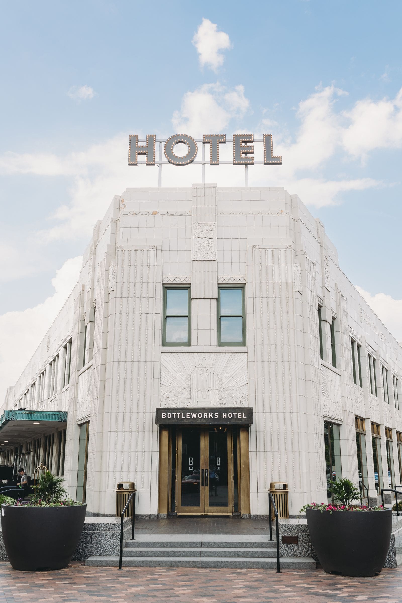 Art Deco facade of the Bottleworks Hotel in Indianapolis