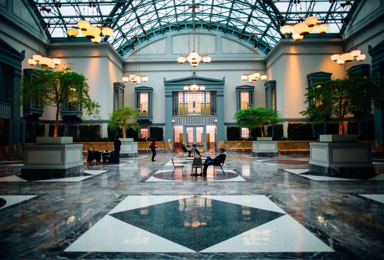 Spacious hotel lobby with modern architecture