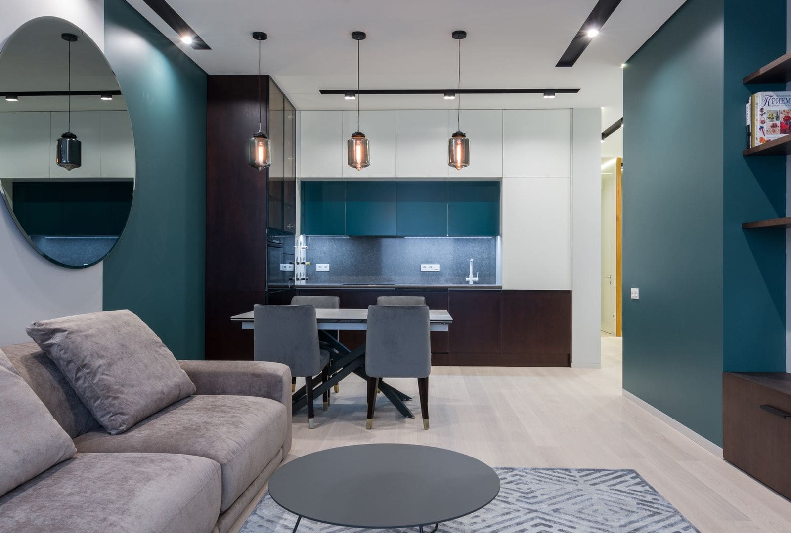 Spacious living room and kitchen in an apartment